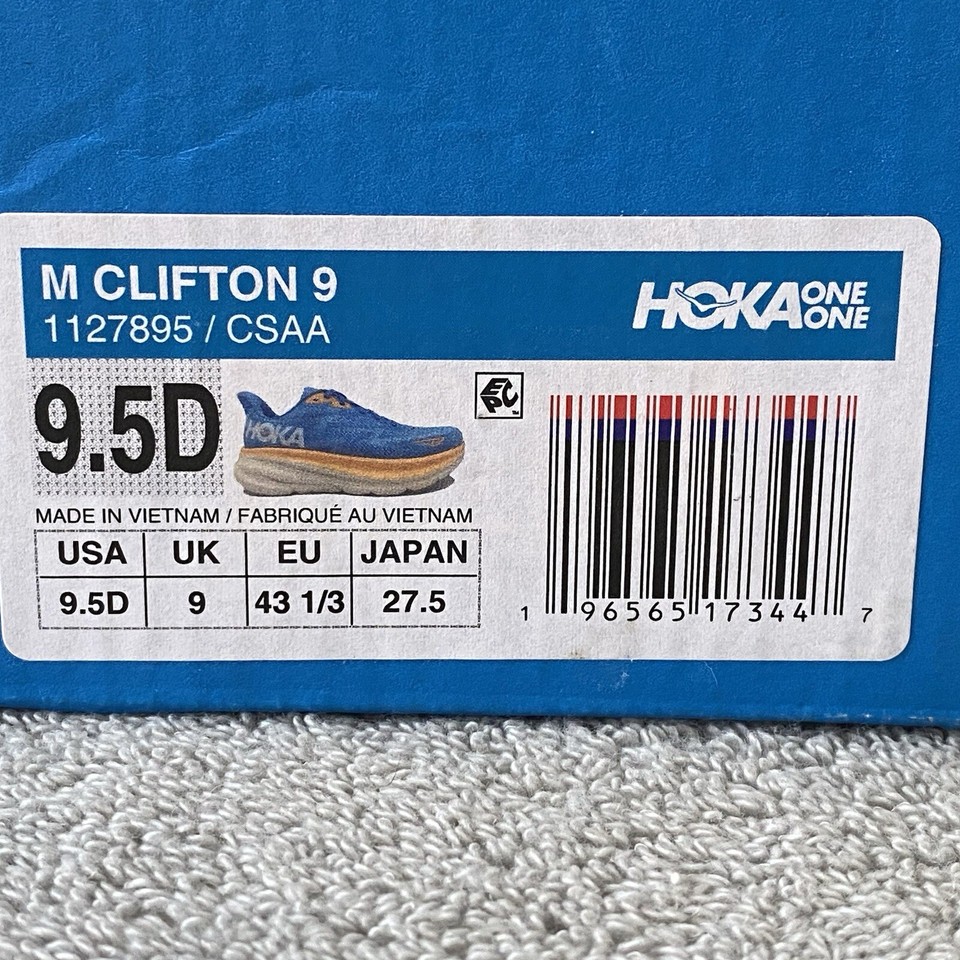 Hoka Shoes Mens 9.5 Blue Orange Clifton 9 Running Athletic Sneakers