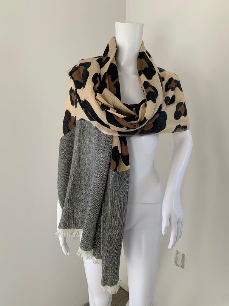 Châle En Cachemire PURESt Imprimé Animal Beige Marron Noir - Enveloppant 40x82 Cm