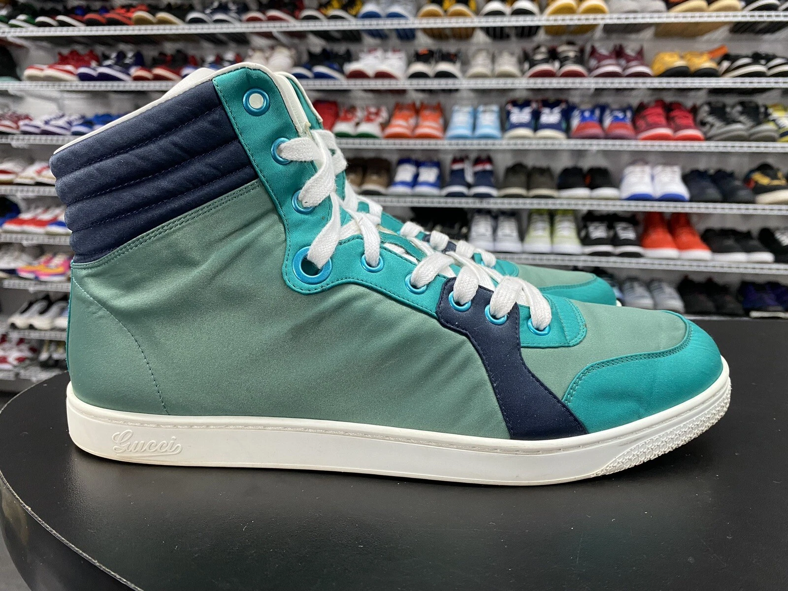 Baskets hautes homme Gucci bleu sarcelle satin 337451 3663 taille 9,5 États Unis