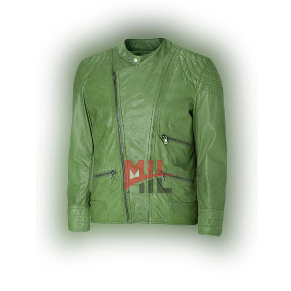Handmade Men's Green Leather Jacket, Fashion Jacket With Side Zipper Style