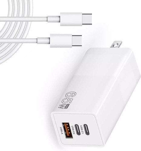 65W USB C Wall Charger GaN 3-Port Fast Compact Foldable Adapter with USB-C Cable