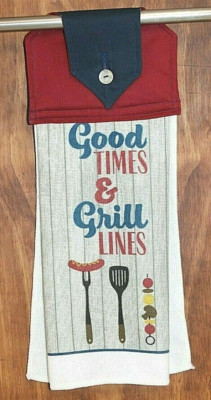 GOOD TIMES & GRILL LINES HAND TOWEL RED & GRAY HANDMADE HANGING KITCHEN TOWEL