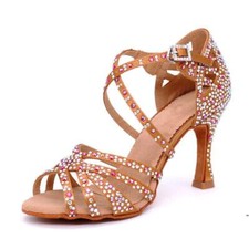 Womens Summer Rhinestone Peep Toe High Heels Buckle Straps Latin Dance Shoe Pink