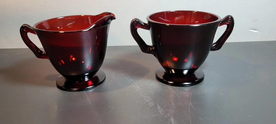 Anchor Hocking Royal Ruby Red  Depression Glass Open Sugar & Creamer Set 3.5"  - Image 3 of 4