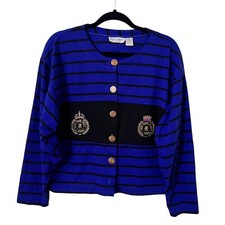 Vintage Roberto Orsini Size Medium Blue Black Striped Nautical Button Up Top