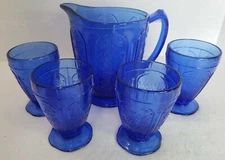 CHERRY BLOSSOM Reproduction Cobalt Blue  Juice Water SET Pitcher & 4 Tumblers