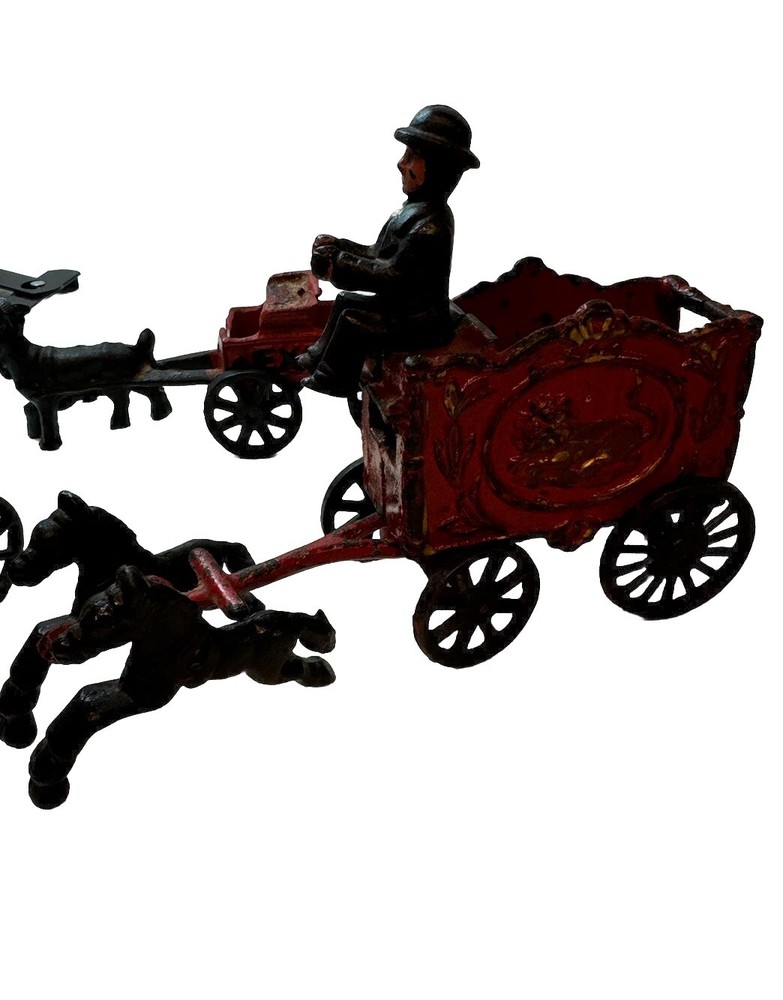 Antique 90-Year-Old Painted Cast IronHorses Cart Wagon Toys - See All Pics