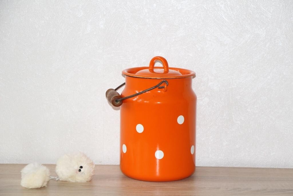 Enamel milk can, Red white polka dot jug, Vintage enamelware, USSR Enamel milk can, Red white polka dot jug, Vintage enamelware, USSR