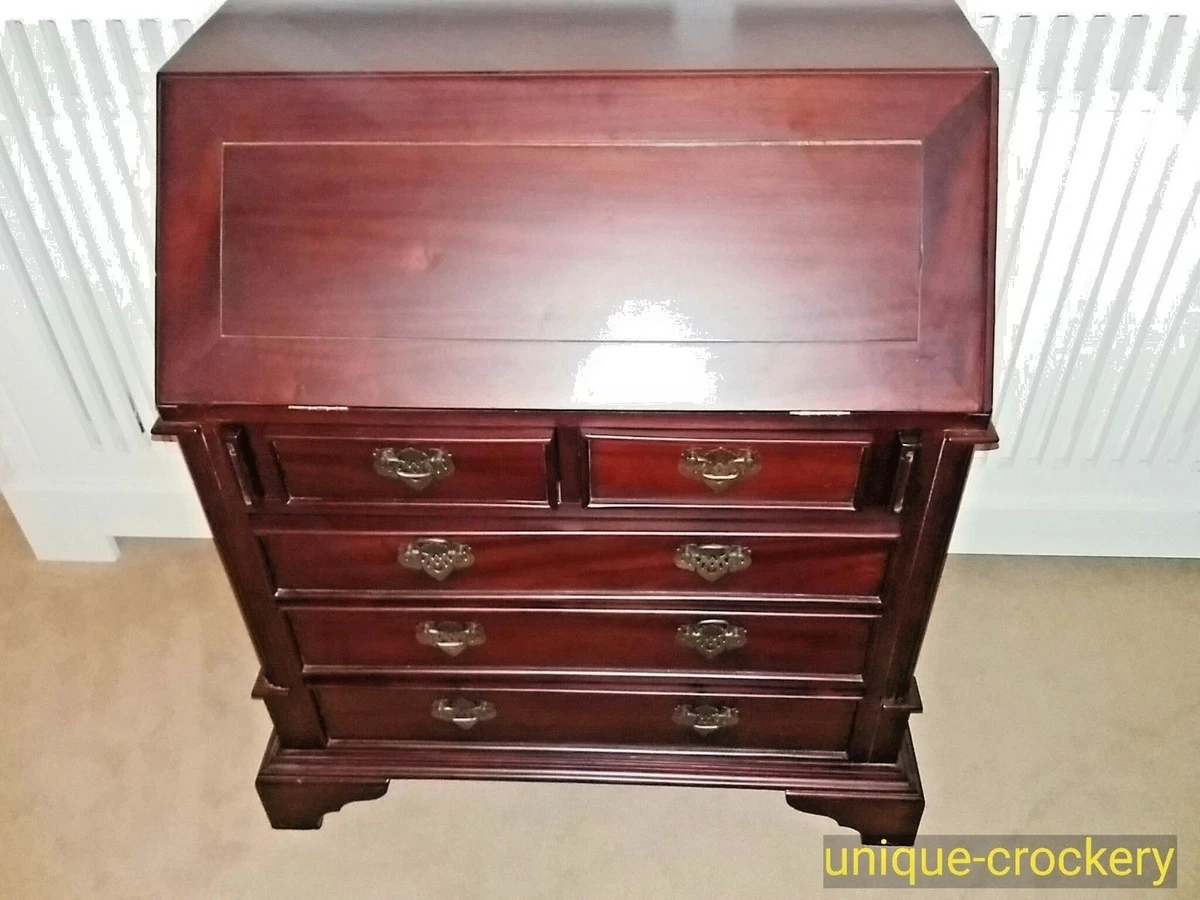 Solid Dark Wood Bureau Writing Desk Wooden Fold Down Top 5 Drawers