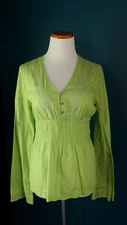 Vintage Y2K Mixit Long Sleeve Neon Green Babydoll Top Embroidered Shimmer Floral
