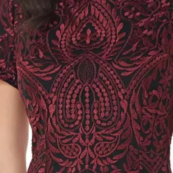 JS Collections Garnet Red And Black Floral Embroidered Cocktail Dress Sz 10 $250 - Image 2 of 2