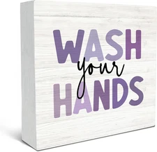 SRADMO Kids Bathroom Quote Wash Your Hands Wood Box Sign Desk Decor, Funny Bathr