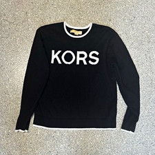 Michael Kors Womens Black Logo Tight-Knit Crewneck Pullover Sweater Size Medium