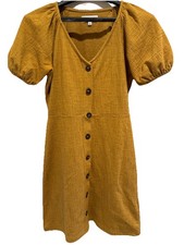Madewell Texture & Thread Puff Sleeve Dress Women's XS  Mustard Yellow V-Neck