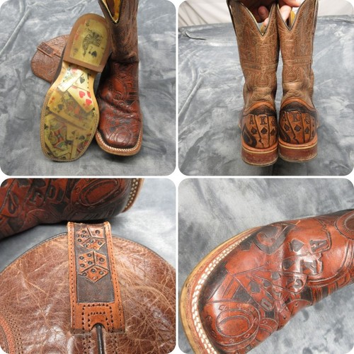 Tin Haul Boots Men 11D Brown The Gambler Poker Square Toe Western VTG RARE