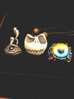 Gothic Spooky Halloween Eyeball Rings Skull Pendant Set SILVER TONE Size 7
