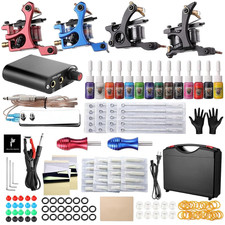 Complete Tattoo Kit with 4 Machines Power Supply 14 Inks Needles Tips Grips Case