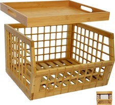 Bamboo Stackable, Open Front, Medium Storage Bins with Serving Tray Lid...