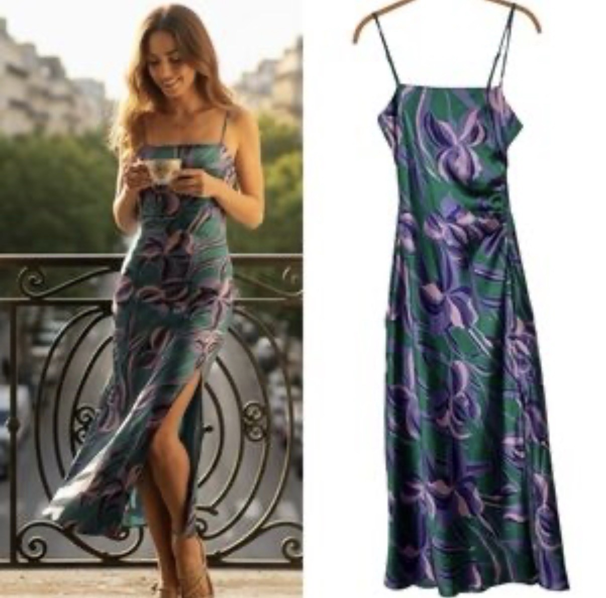 House of Harlow 1960 Ruched Side Satin Slip Midi Dress Green Purple Floral Sz M