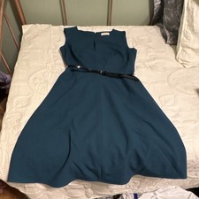 Calvin Klein A-Line Dress Teal Belted Sleeveless Round Neck Knee Length Zip