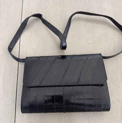 Eel Skin Black Leather Shoulder Bag Vintage Removable Strap