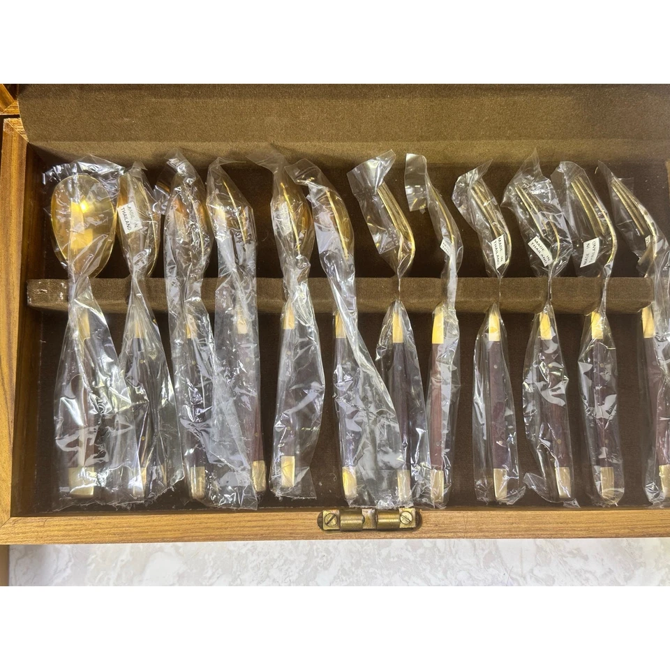 Thai Vintage MCM Bronze/Brass & Rosewood 39-PC Flatware Set w/Cases-Never Used - Image 4 of 4