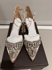 Badgley Mischka Fiana Nude Satin Rhinestone Pointed Toe Pumps 7M Wedding Heels