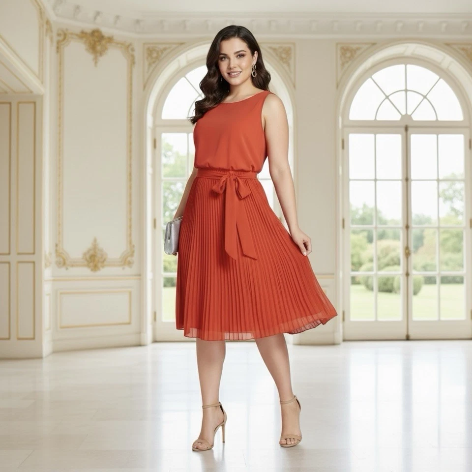 Vestido midi plisado naranja rojo WHBM para mujer White House Black Market talla 6 Foto 3 de 4