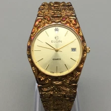 Vintage Elgin Watch Mens 33mm Gold Tone Nugget Style Textured New Battery 7.25"