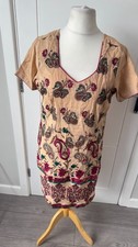 Vintage Beige Embroidered Paisley Floral Tunic Dress Boho Festival Ethnic m 12-1