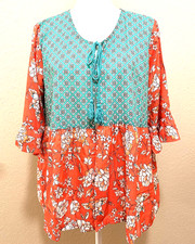 Tolani Tie-Neck Blouse Kimono Medium Orange Teal Peasant Boho Beautiful 