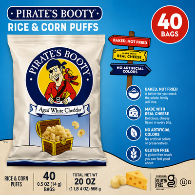 Pirate's Booty Aged White Cheddar Snack, 0.5 oz, 40-count