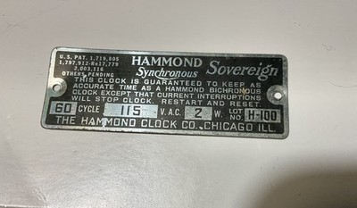 Hammond SOVEREIGN Motor ID Tag Plate Tag  Vtg Antique Original