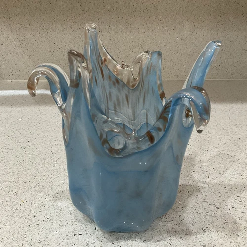 Vtg Italian Art Murano Italy Aqua Sky Blue Ocean Wave Splash Art Glass Vase