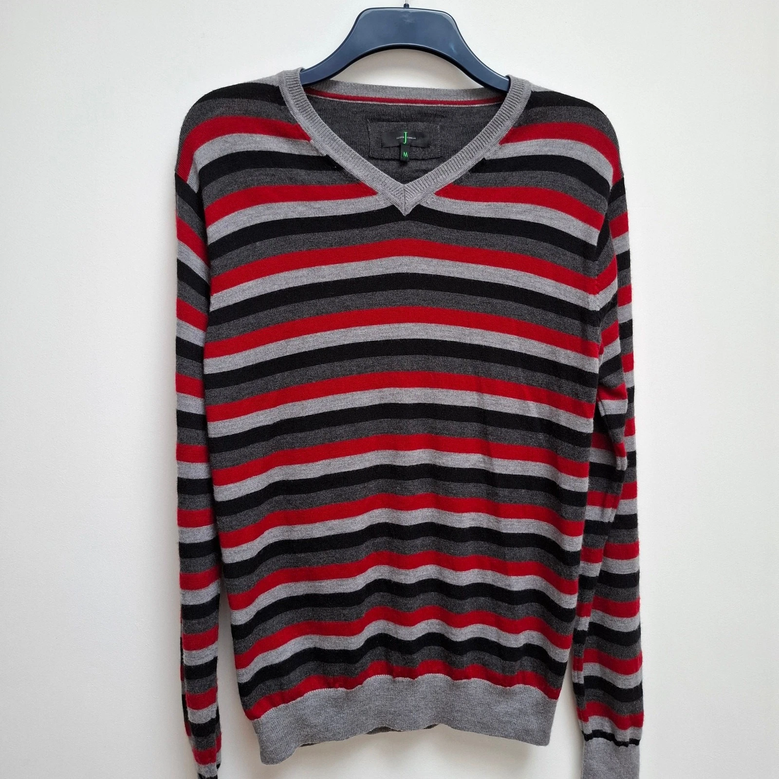 Mens Merino Wool Jumper V-Neck Medium Jasper Conran Striped Grey Red Pullover