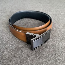 Faux Leather Reversible Belt Tan Brown/Black Gunmetal Plaque Buckle Size 32