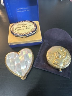 VTG Este Lauder Compact Lot Of3 Solid Perfume, Lucidity Angel, MOP Heart As Is
