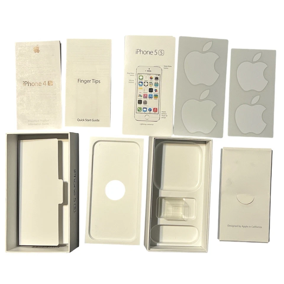 iPhone 5s Caja VACÍA Original Apple Embalaje Insertos Manuales Blanco 4 Pegatinas Foto 3 de 4