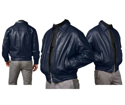 Blouson bombardier en cuir bleu marine pour homme véritable peau d'agneau ins... - Photo 1/4