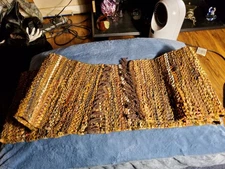 Handwoven Leather Strip Rug Tapestry Rustic Western Cabin Decor Fringe Brown