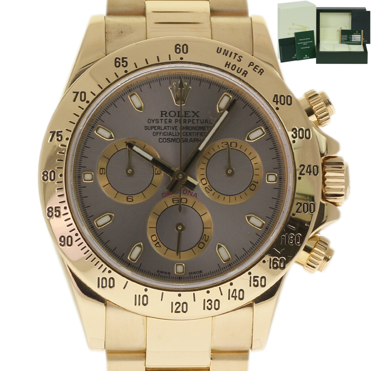 Rolex Daytona 116528 40mm Yellow Gold Silver Dial 2008 Full Set with Box Papers and 2-Year Warranty