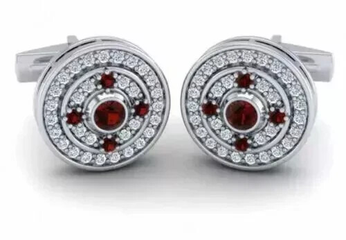 2.30Ct Round Cut Lab-Created Garnet Wedding Shirt Cufflink 14k White Gold Plated
