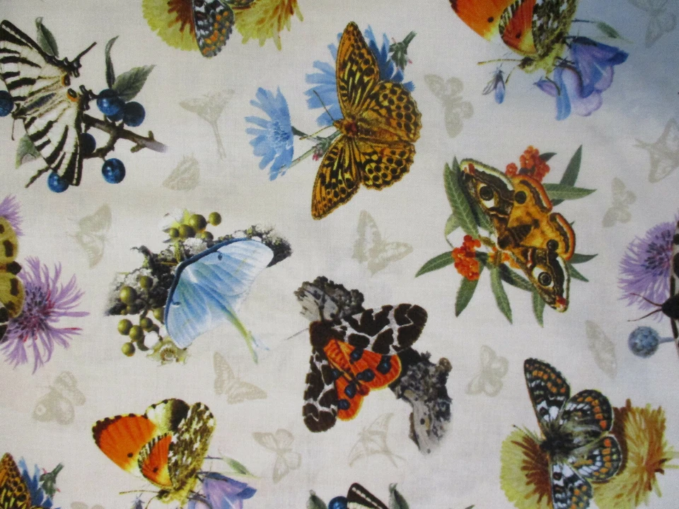 Mariposa Libélula Flores Mariposas Realistas Crema Algodón Tela BTHY Foto 2 de 4