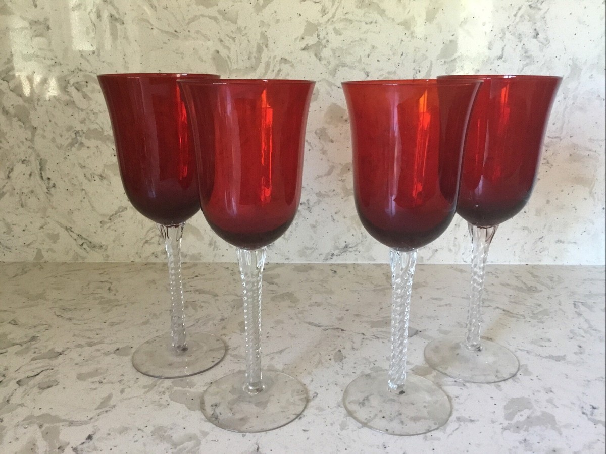 Bell Shaped Wine Glass Red w/Clear Spiral Stem Set Of Four 8.5" T 8 oz  capacity | eBay