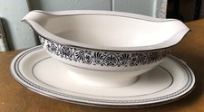 Noritake Gravy Boat Prelude White Black Scroll Fan Band Platinum Trim