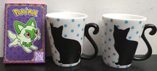 Pair a Black Cat Porcelain Mugs wCat Tail Handle, Blue Polka Dots, Pokémon Game