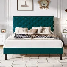 Full Size Velvet Bed Frame with Adjustable Diamond Button Tufted Headboard, Teal