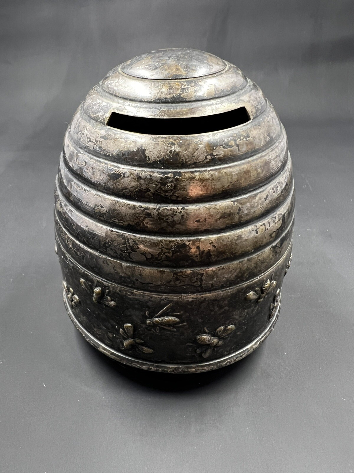 Vintage DANA DFA Danish Silver-Plated Beehive Coin Bank w/ Embossed Bees