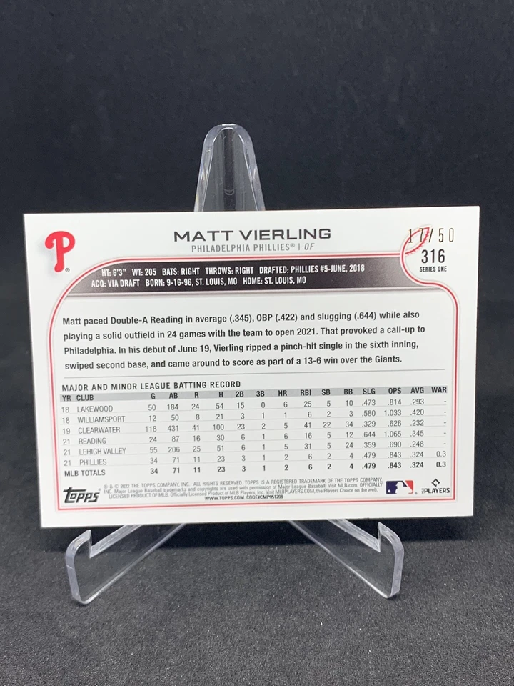 2022 Topps 1st Edition Matt Vierling Red Foil Parallel /50 Tigers #316 10224 - Image 2 of 2