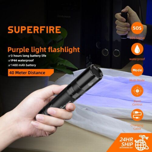 SUPERFIRE Bright Flashlight UV Torchlight Mini Torch 365nm Rechargeable EDC Lamp - Afbeelding 1 van 37